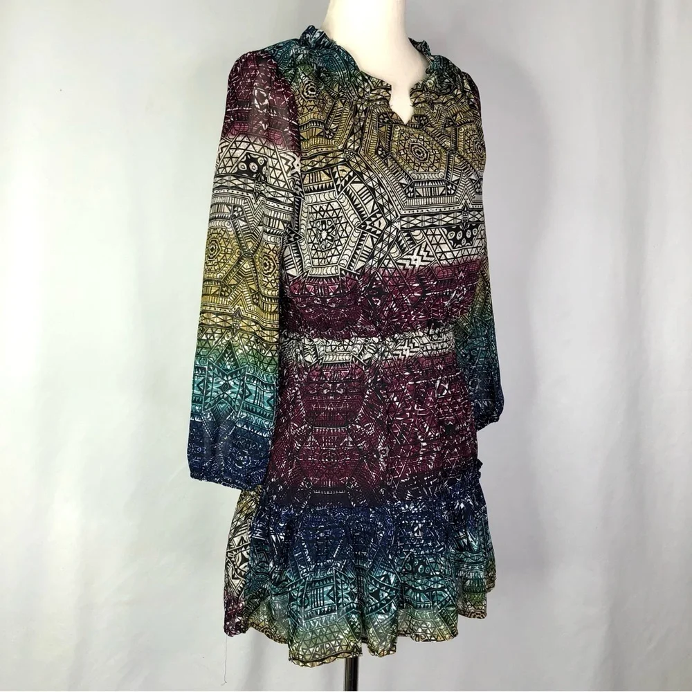 Ella Moss dress geometric jewel-tone ombre stripe chiffon ruffle bottom 12